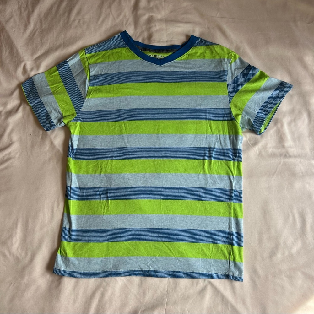 Chemistry Boys’ Green & Blue Striped V-Neck Tee – Size XL